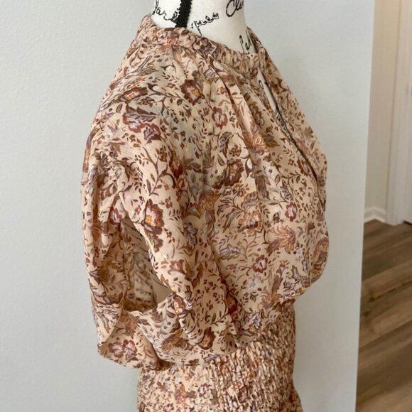 OLIVACEOUS DRESS FLORAL METALLIC DETAIL RUCHED TIERED SMOCKED SZ M FAIRY CORE - Picture 11 of 16